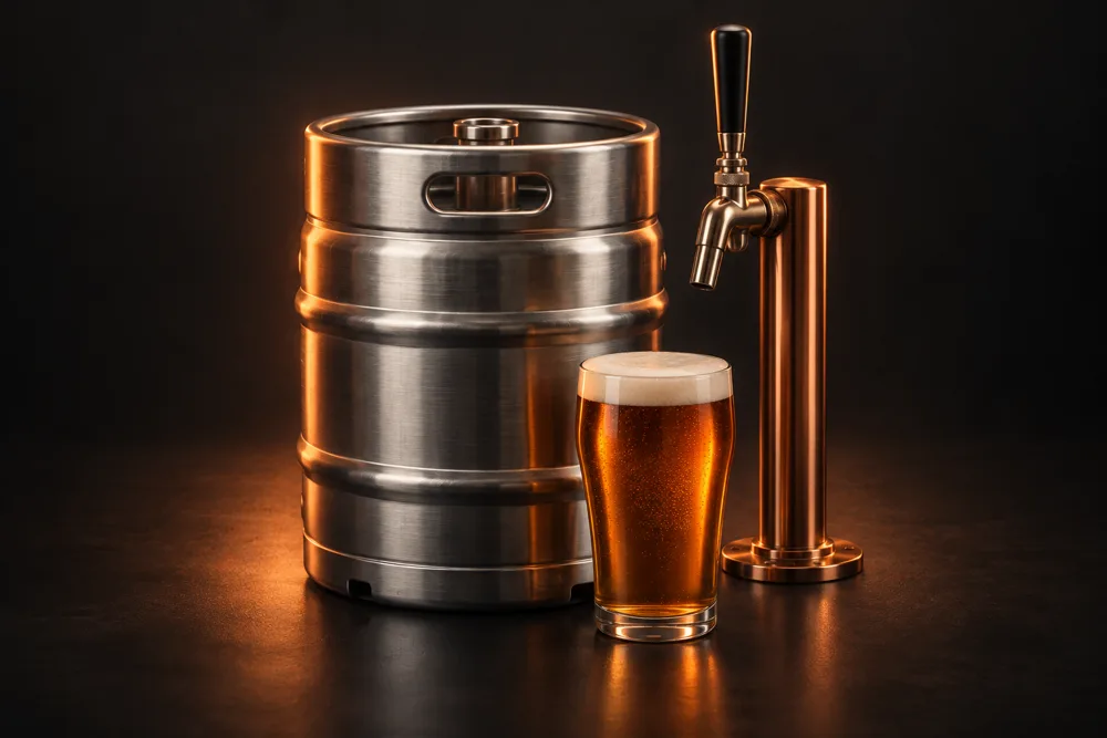 Stainless steel keg, copper tap, and a glass of amber beer